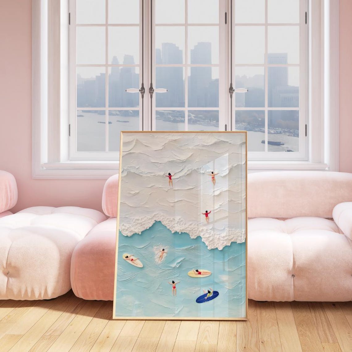 Textured Beach Waves Surfers Aerial 3D Oil Painting Coastal Print