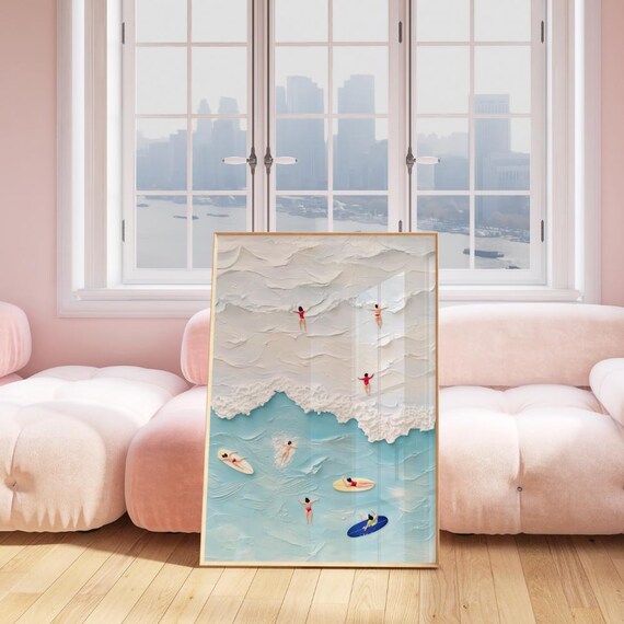 The Beach Joys Ocean Surfing Art Hand Painted Textured 3d Minimalist Oil Painting Coastal Contemporary Abstract Swimming Art Decor