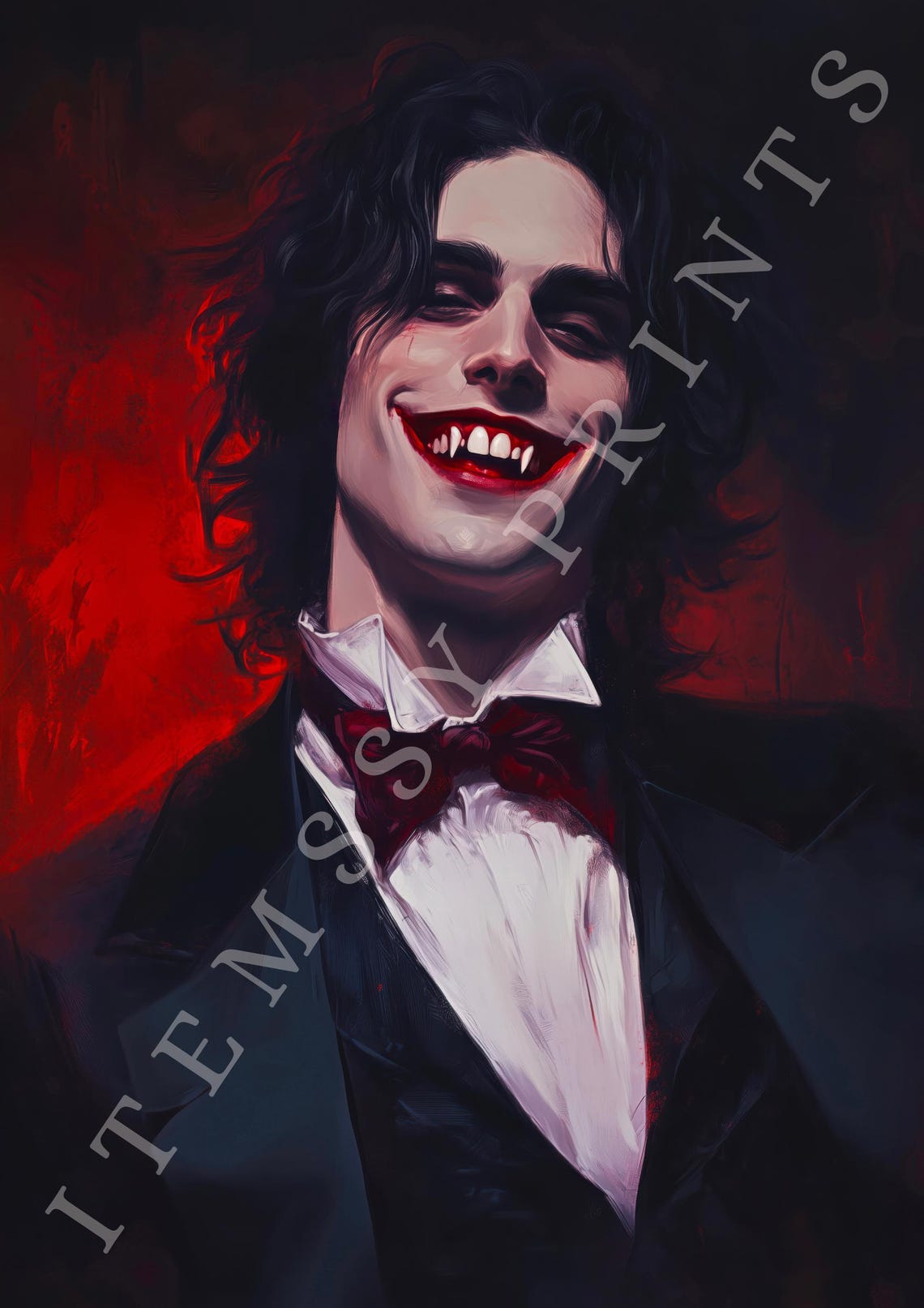 Grinning Vampire Portrait Dark Romantic Gothic Oil Painting Print - Image 2
