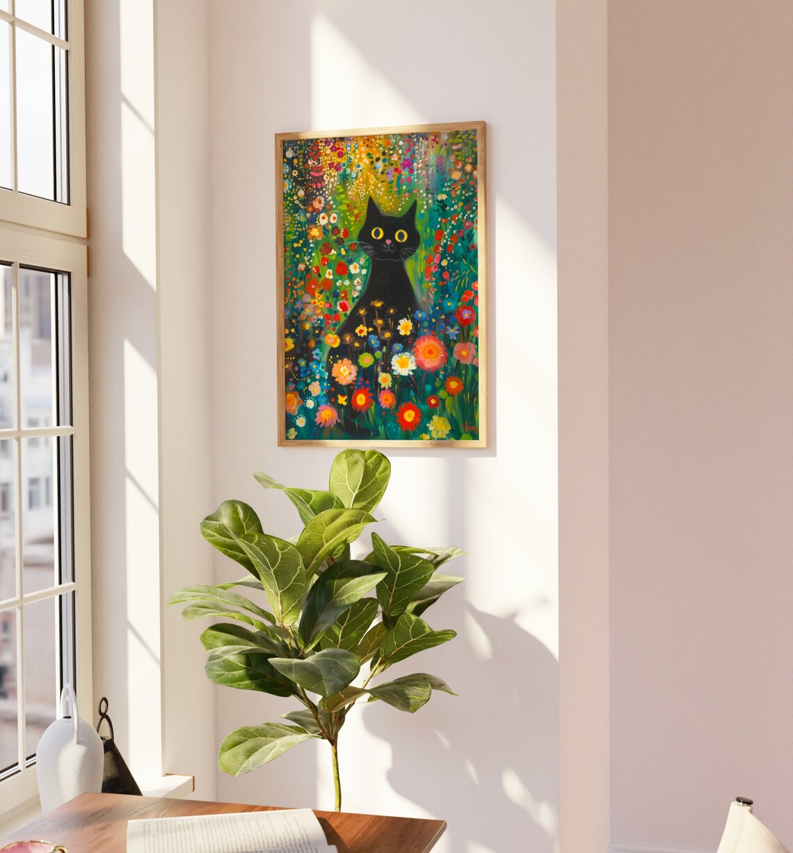 Black Cat with Yellow Eyes in Blooming Wildflower Garden Painting Poster - Image 3