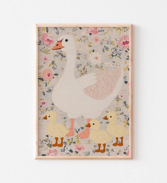 White Goose and Goslings Floral Nursery Art Print Vintage Farmhouse Bird Decor