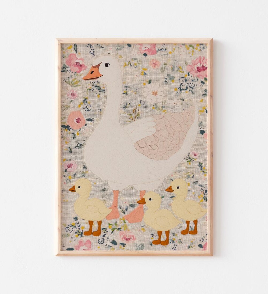 White Goose and Goslings Floral Nursery Art Print Vintage Farmhouse Bird Decor