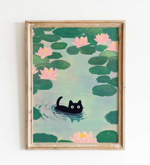 Monet Waterlily Cat Print Claude Monet Inspired Cat Poster Black Cat Floral Art Humorous Cat Wall Decor Whimsical Artistic Poster