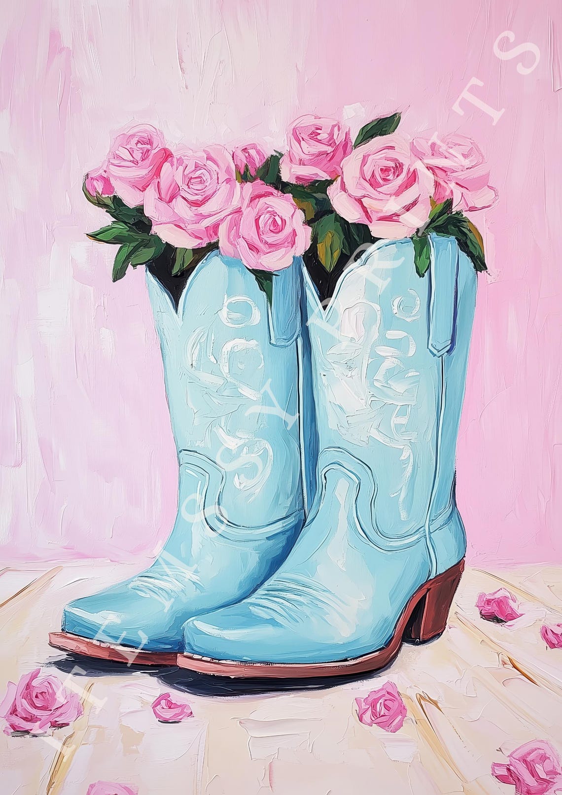 Floral Cowgirl Boots Wall Art Pastel Pink Blue Western Print For Western Nursery Decor Coastal Cowgirl Aesthetic Art - Image 2