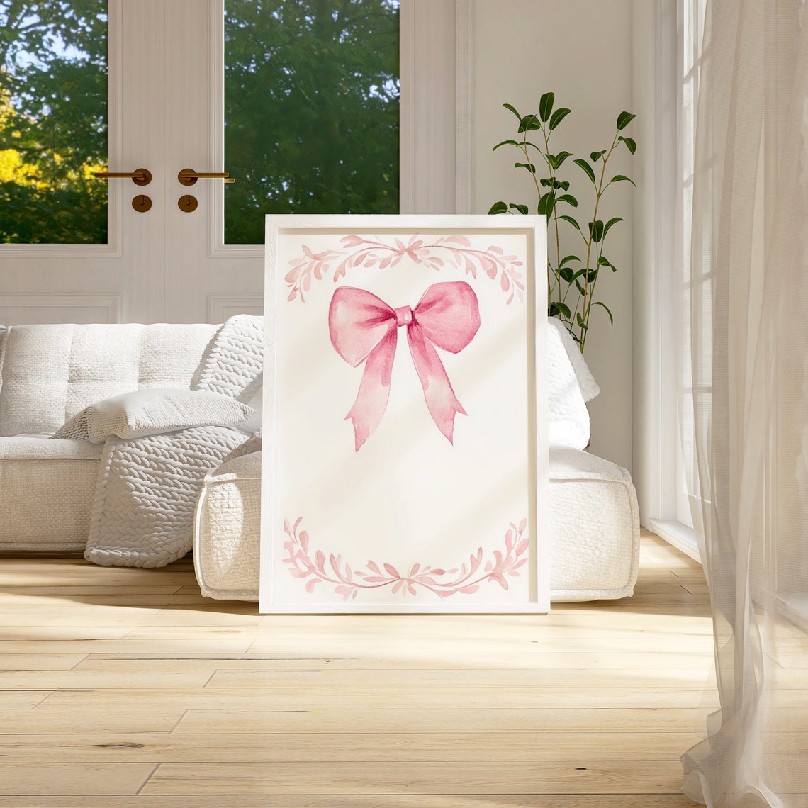 Pink Watercolor Bow Leaf Garland Delicate Coquette Nursery Art Poster - Image 3