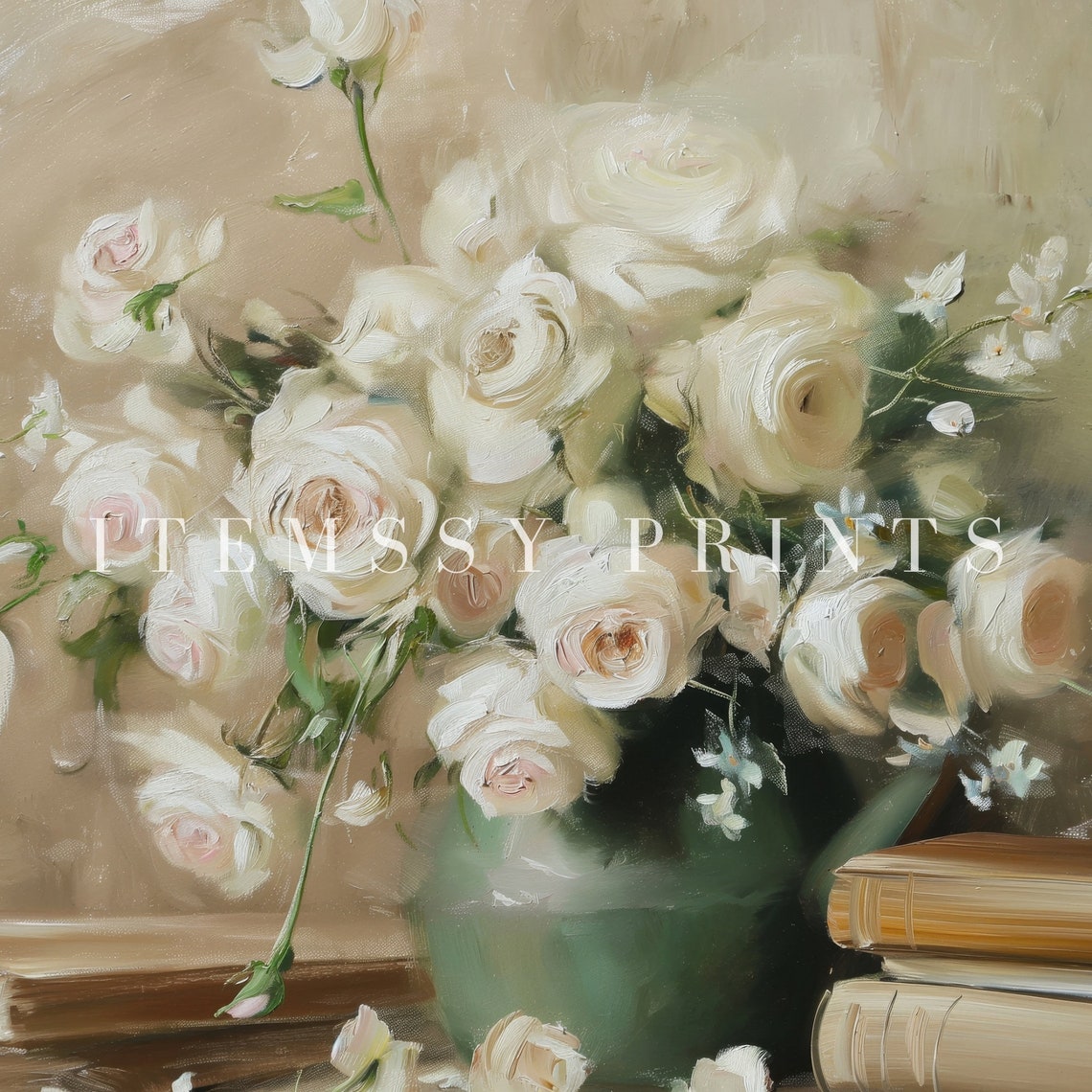 Stack Of Old Books With White Roses Vase Literary Floral Art Poster - Image 2