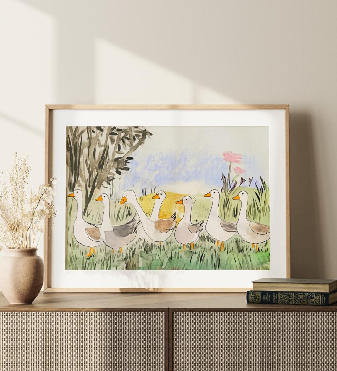 White Geese Watercolor Painting Farm Nursery Antique Style Poster - Image 3