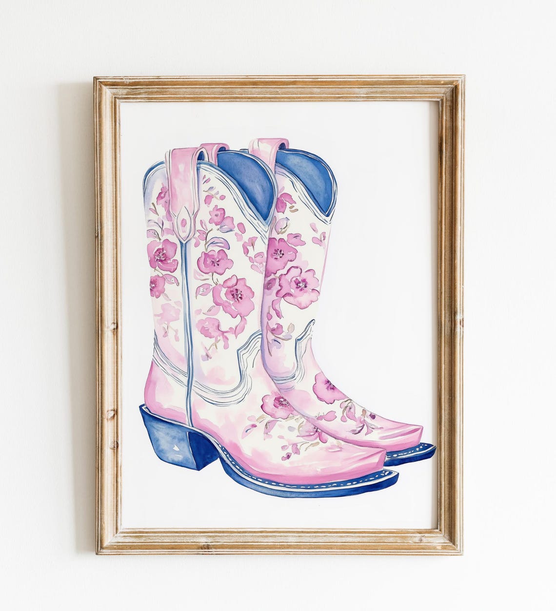 Pink Blossom Cowboy Boots Watercolor Floral Western Wall Art