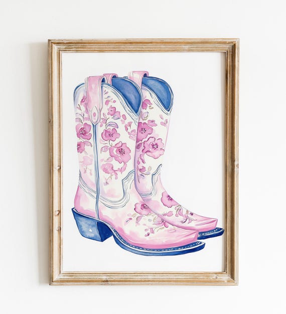 Watercolor Pink Cowboy Boots Art Print Minimalist Western Wall Art Vintage Southern Cowgirl Poster Cute Boots Apartment Wall Art Decor