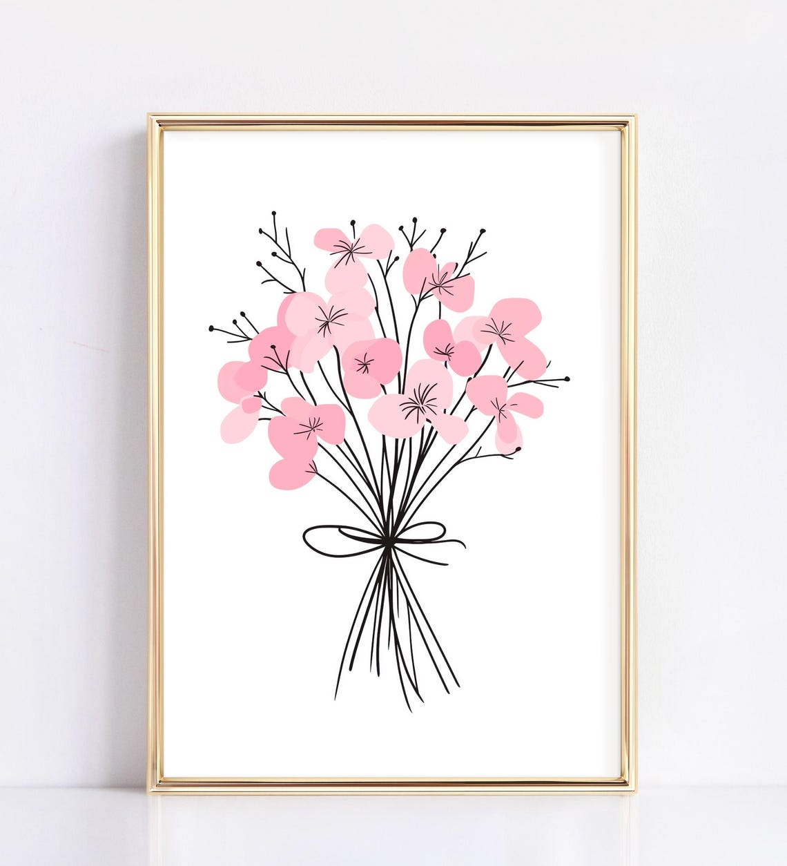 Pink Blossom Bouquet Black Line Art Minimalist Floral Wall Art