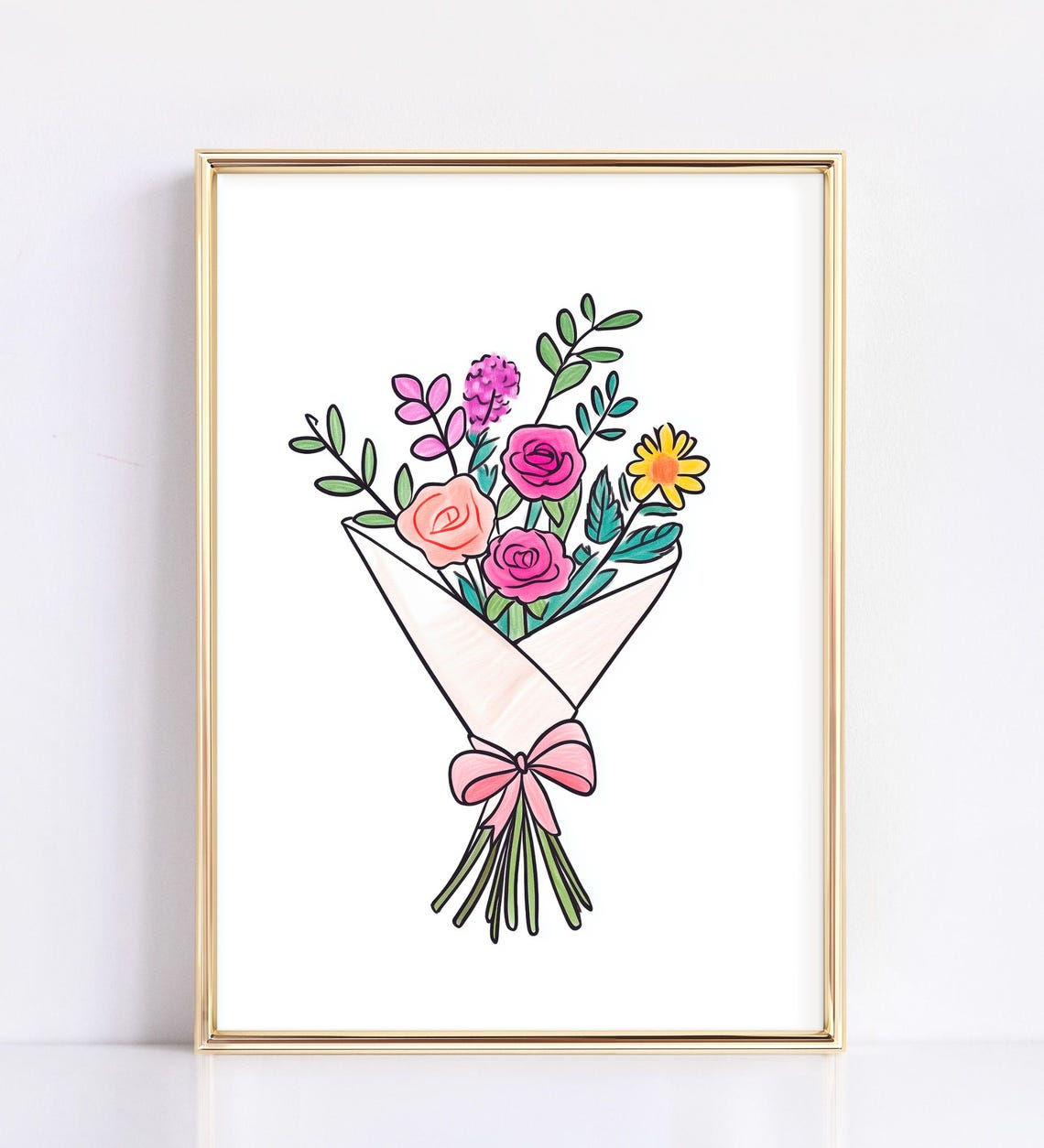 Colorful Flower Bouquet Wrapped With Pink Bow Minimalist Poster