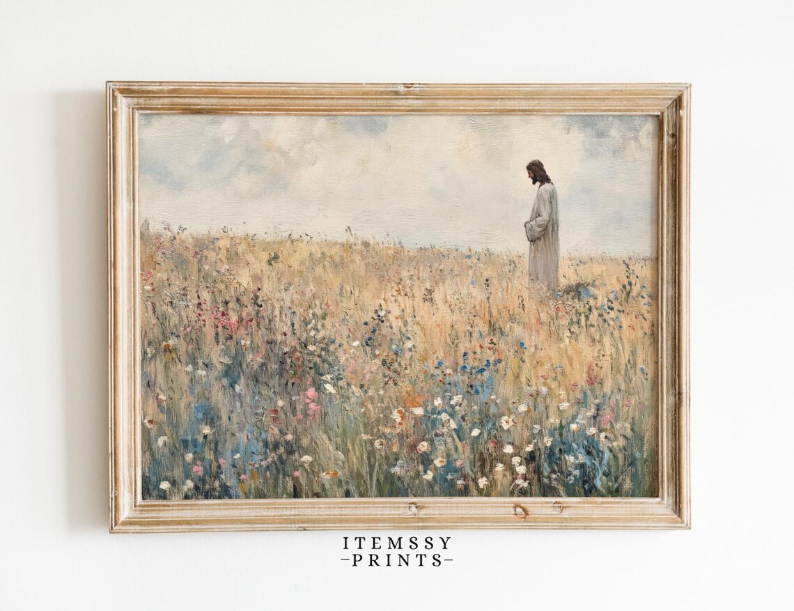 Jesus Christ Among Wildflowers, Vintage Faith Decor