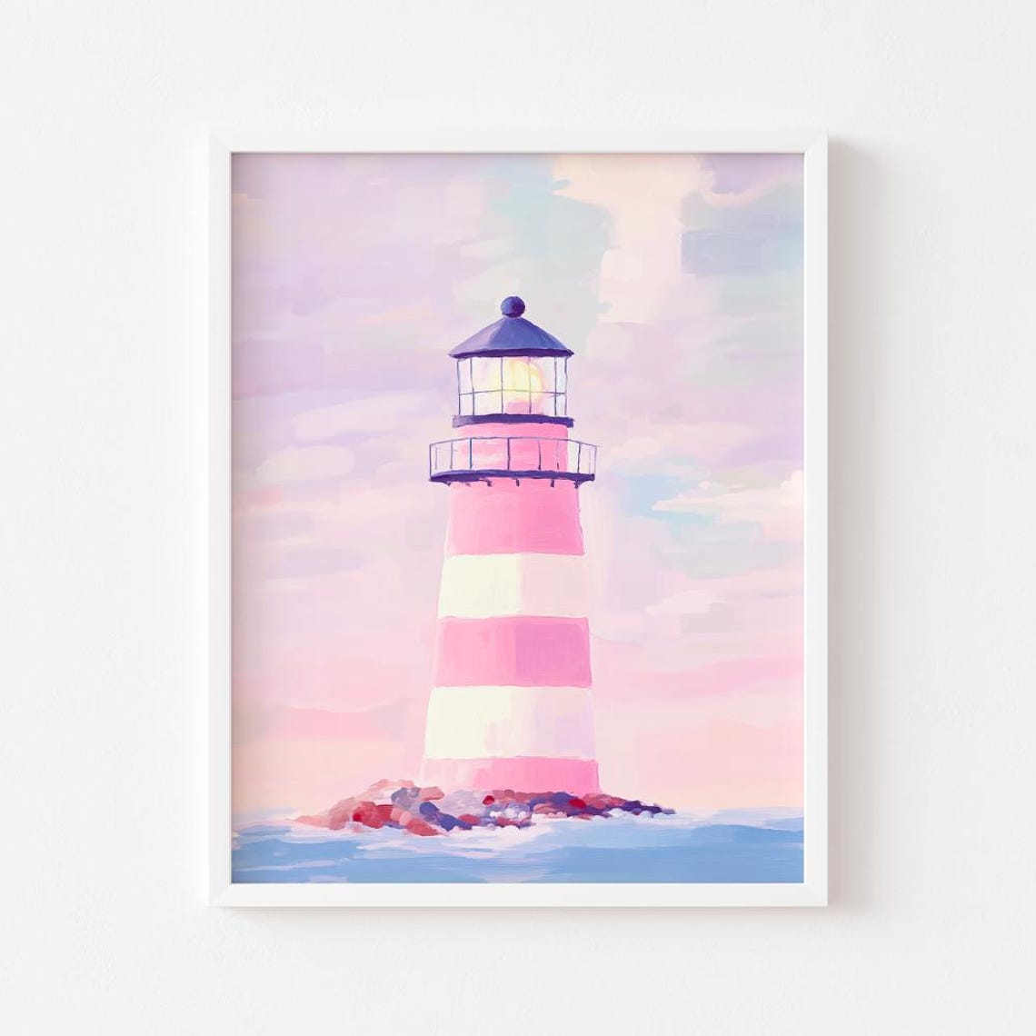 Pink Striped Lighthouse Painting Pastel Coastal Beach Art Poster