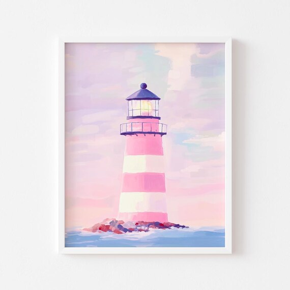 Pink Striped Lighthouse Painting Pastel Coastal Beach Art Poster