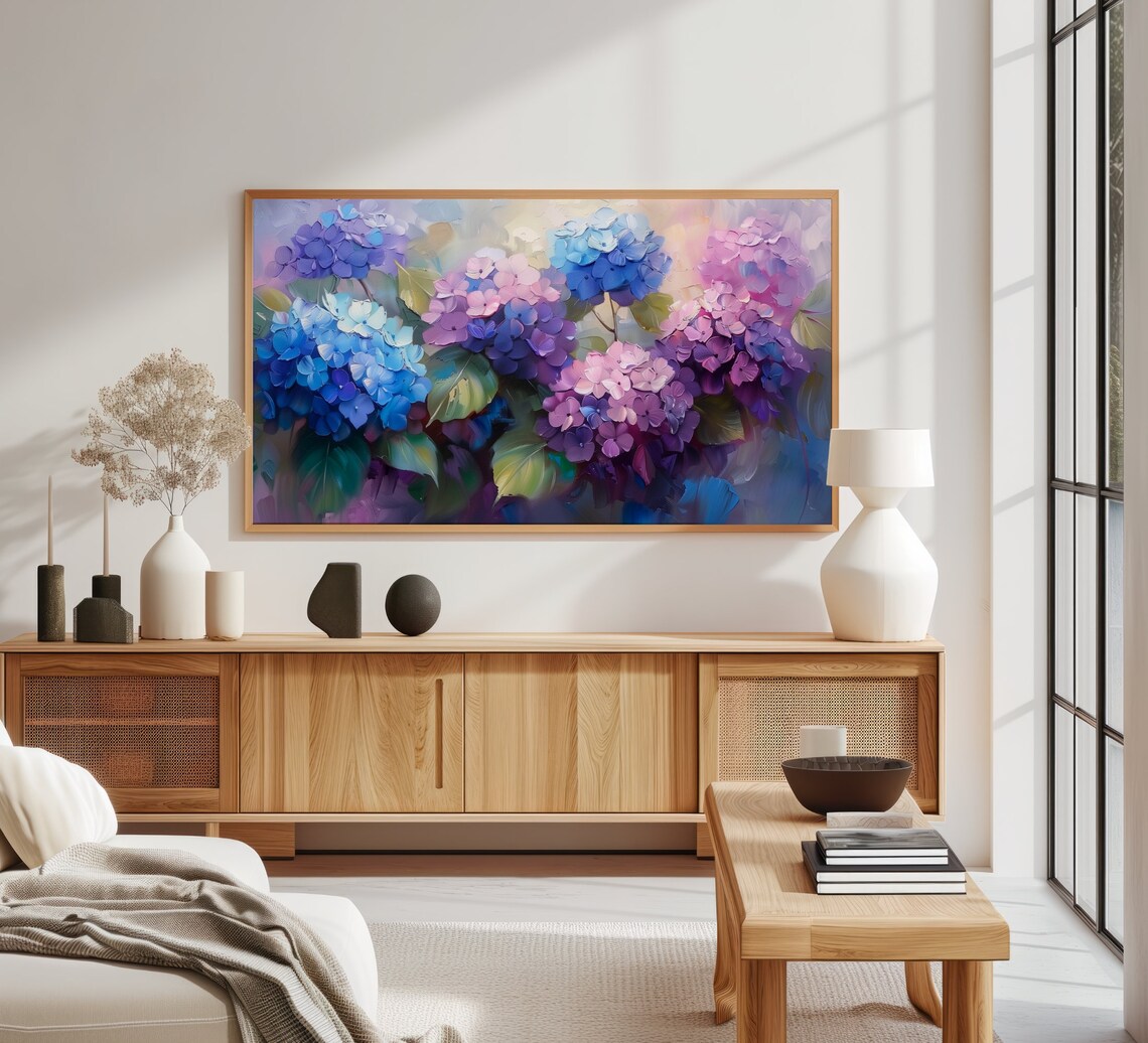 Blue Purple Hydrangea Impasto Floral Oil Painting Colorful Bloom Poster - Image 3