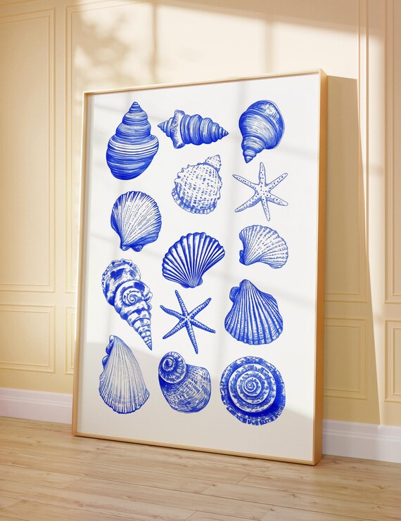 Blue Ink Seashells and Starfish Vintage Coastal Home Decor Poster