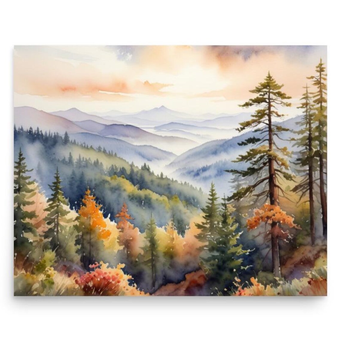 Smoky Mountains Autumn Ridgelines In Morning Fog Watercolor Poster