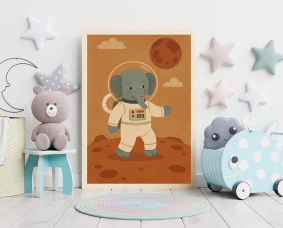 Astronaut Elephant Wall Art Space Animal For Kids Room Outer Nursery Decor Hobby Series