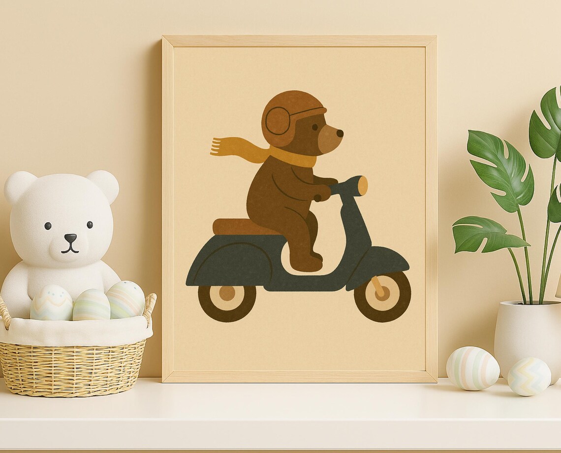Scooter Bear Rider Helmet Scarf Retro Travel Boys Room Nursery Poster