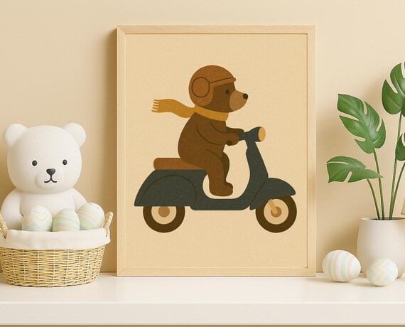 Scooter Bear Rider Helmet Scarf Retro Travel Boys Room Nursery Poster