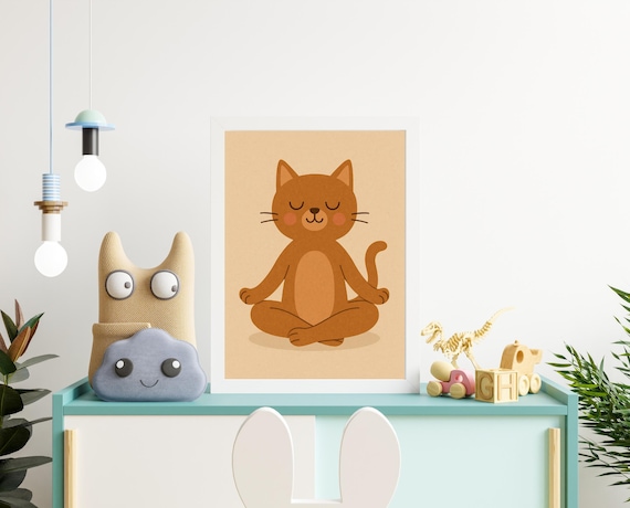 Calm Yoga Cat Meditating Mindful Pose Relaxing Kids Room Nursery Poster