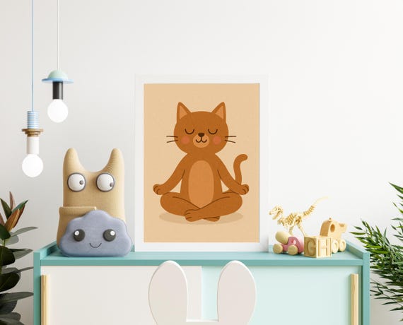 Yoga Cat Nursery Wall Art Mindful Animal Print For Kids Calm Toddler Room Decor