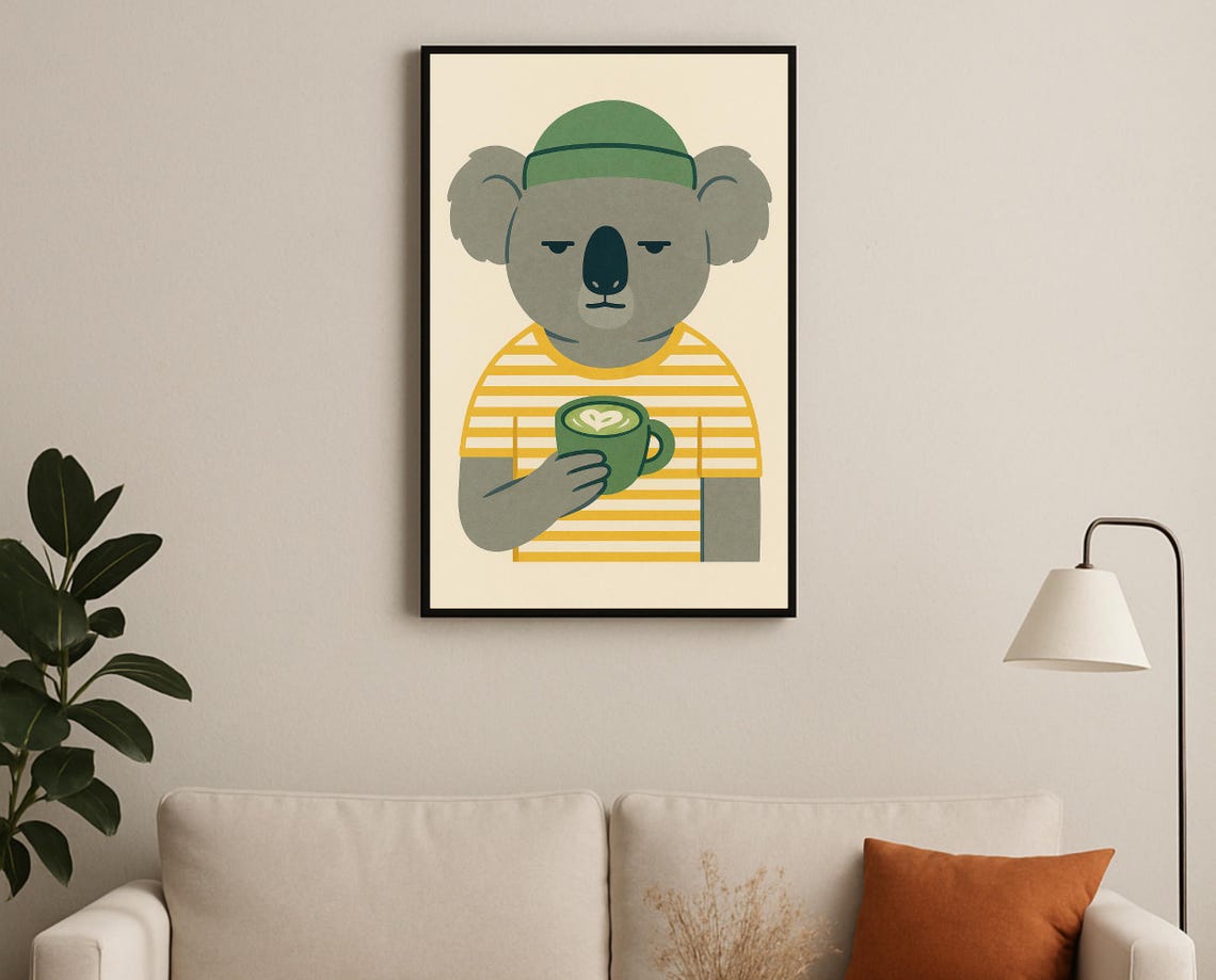 Latte Loving Koala Poster Beanie Coffee Cup Cute Animal Nursery Decor