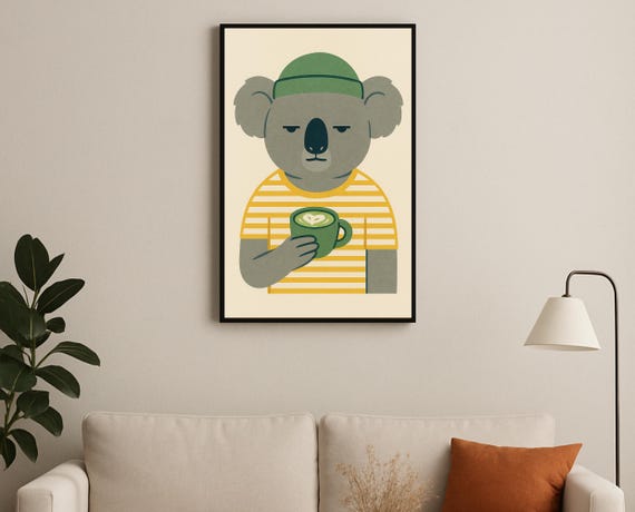 Latte Loving Koala Wall Art Hobby Animal Series Print For Nursery Playroom Modern Kids Room Decor