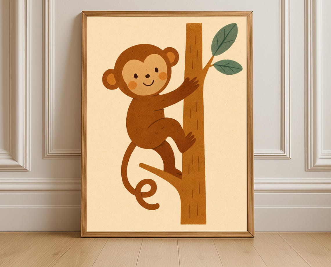 Climbing Monkey Nursery Wall Art Jungle Kids Room Safari Decor Instant
