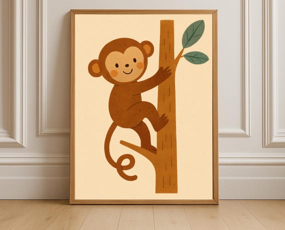 Climbing Monkey Nursery Wall Art Jungle Kids Room Safari Decor Instant