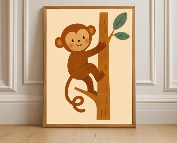 Cute Monkey Climbing Tree Jungle Safari Nursery Kids Wall Art