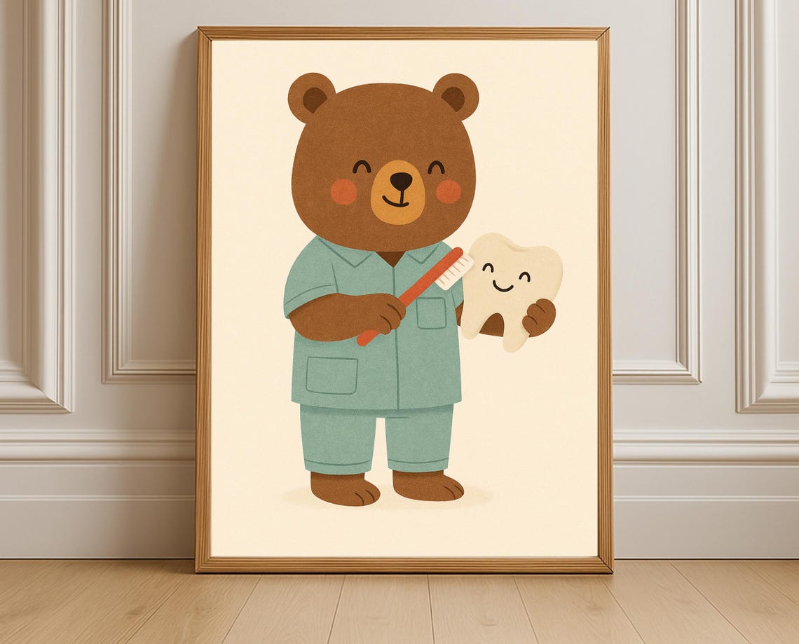 Dentist Bear Wall Art Print From Hobby Animal Series Cute Tooth Brushing Nursery Poster