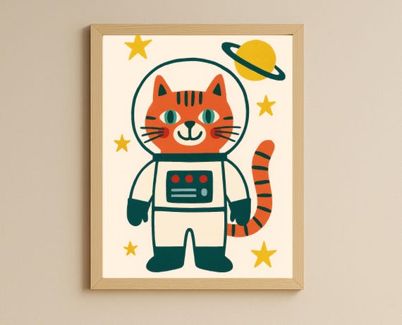 Astronaut Cat Wall Art Space Nursery Decor Kids Room Poster Instant