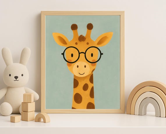 Smart Giraffe Nursery Print Cute Glasses Animal Wall Art