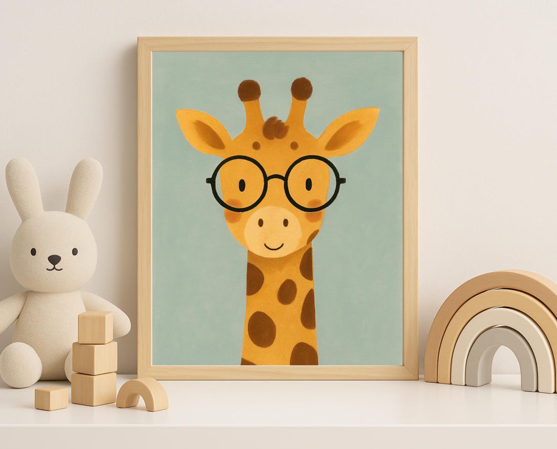 Smart Giraffe Nursery Print Cute Glasses Animal Wall Art