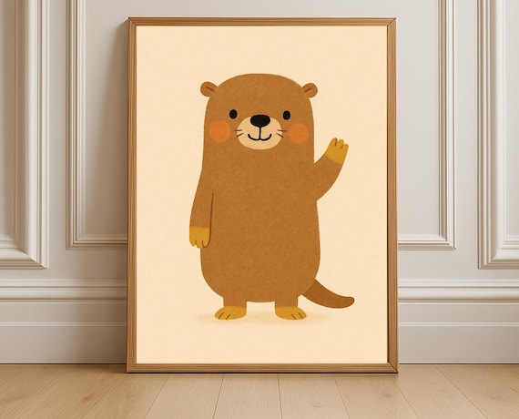 Cute Waving Otter Nursery Animal Illustration Kids Room Poster