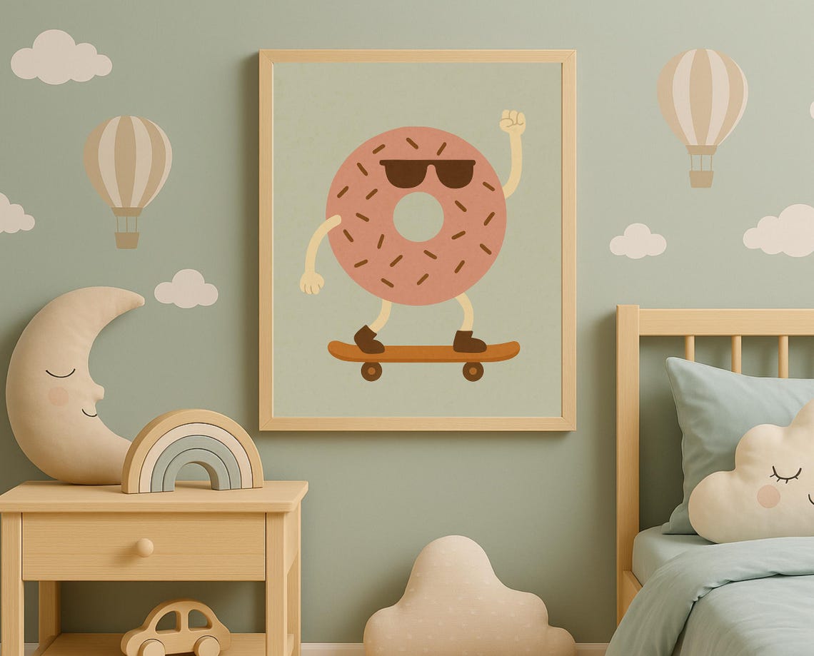 Cool Donut Skateboard Sunglasses Fun Dessert Kids Room Poster