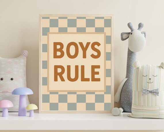 Boys Rule Retro Checkerboard Quote Typography Kids Room Sign Poster