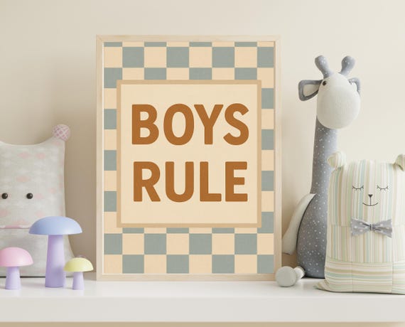 Boys Rule Wall Art Retro Checkerboard Nursery Print Room Decor