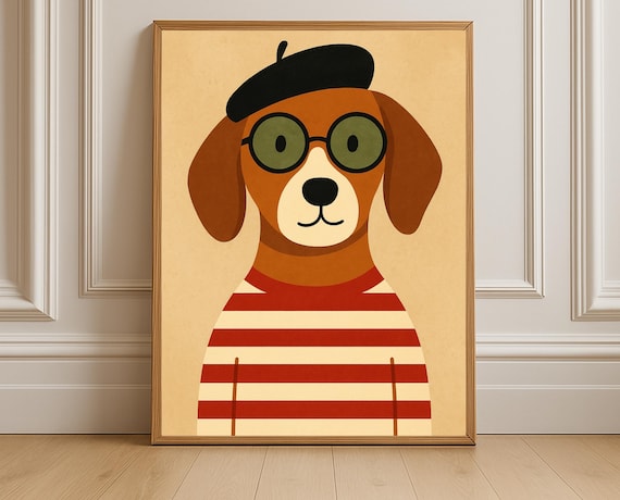 Parisian Puppy With Beret And Glasses Charming Nursery Kids Poster