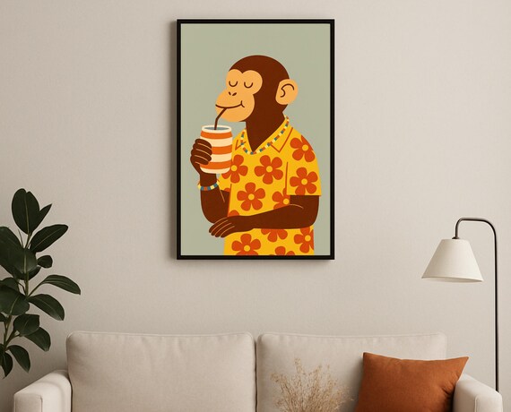 Monkey in Hawaiian Floral Shirt Sipping Juice Tropical Art Poster