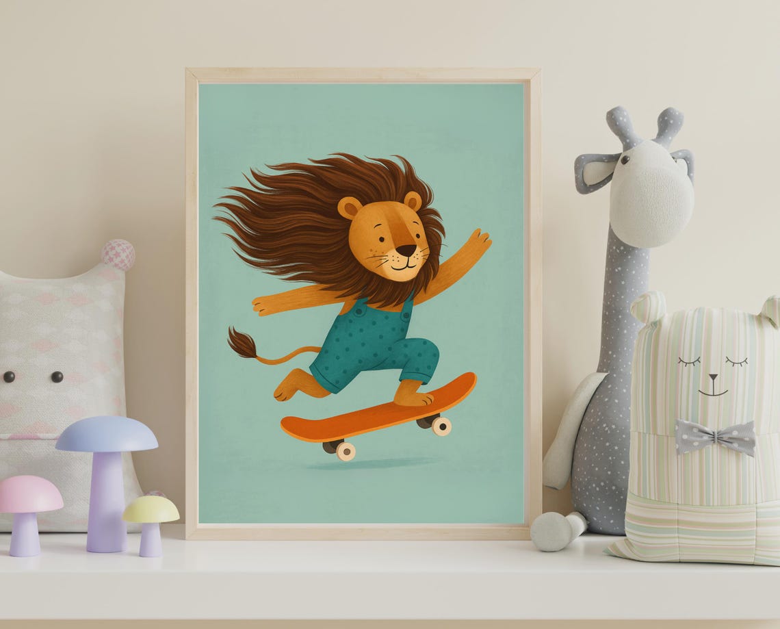 Lion Nursery Wall Art Skateboard Safari Print For Kids Room Decor