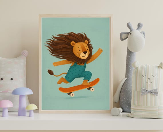 Lion Nursery Wall Art Skateboard Safari Print For Kids Room Decor