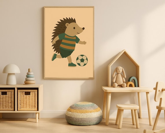 Hedgehog Playing Soccer in Green Striped Jersey Kids Room Poster
