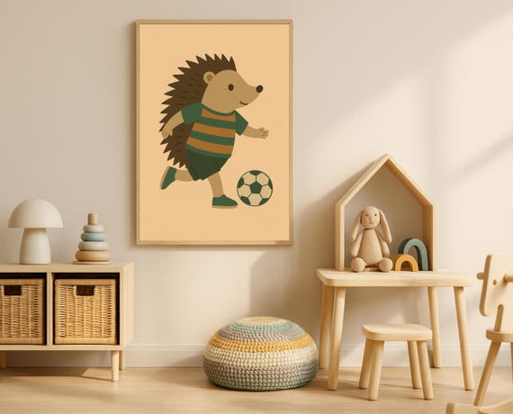 Soccer Hedgehog Wall Art Playful Animal Nursery Print Hobby For Kids Room