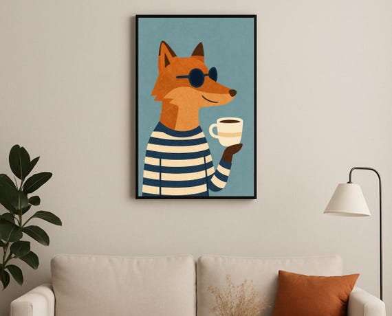 Coffee Drinking Fox Wall Art Cool With Sunglasses Print Hobby Animal Series