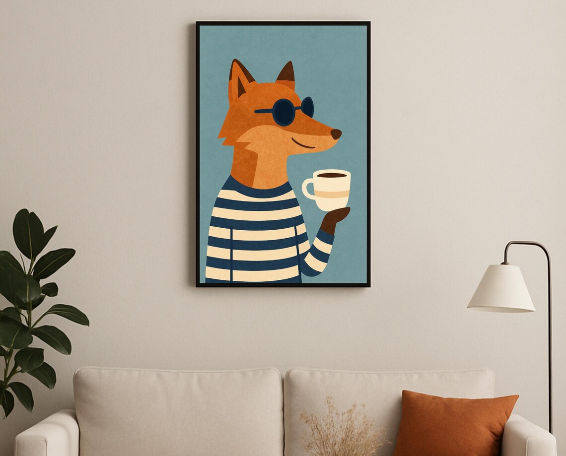Coffee Drinking Fox Poster Sunglasses Striped Shirt Animal Room Art