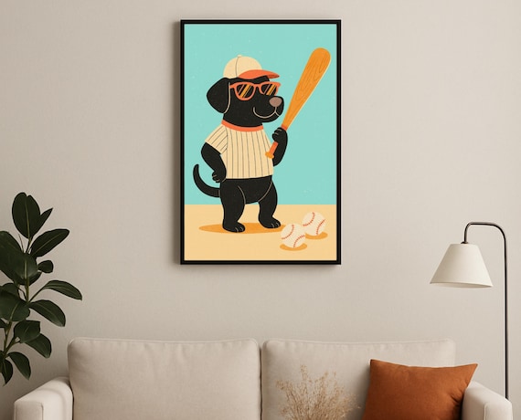 Baseball Dog Player With Bat Cap Sport Hobby Nursery Decor Poster