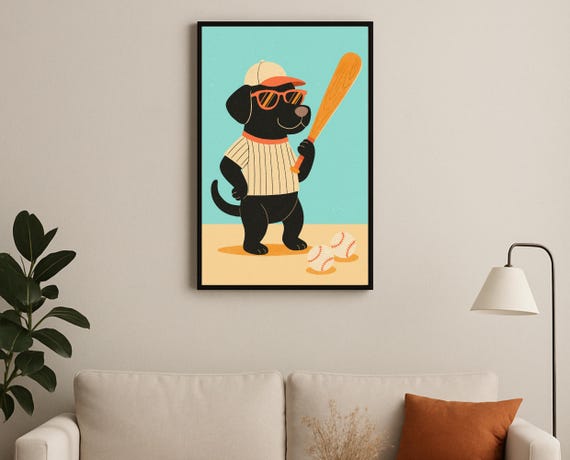Baseball Dog Wall Art Playful Hobby Animal Series Print Kids Sports Room Decor