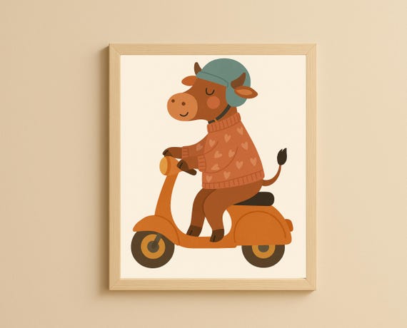 Scooter Cow Wall Art Nursery Print Modern Kids Room Decor Animal Sports Theme Baby